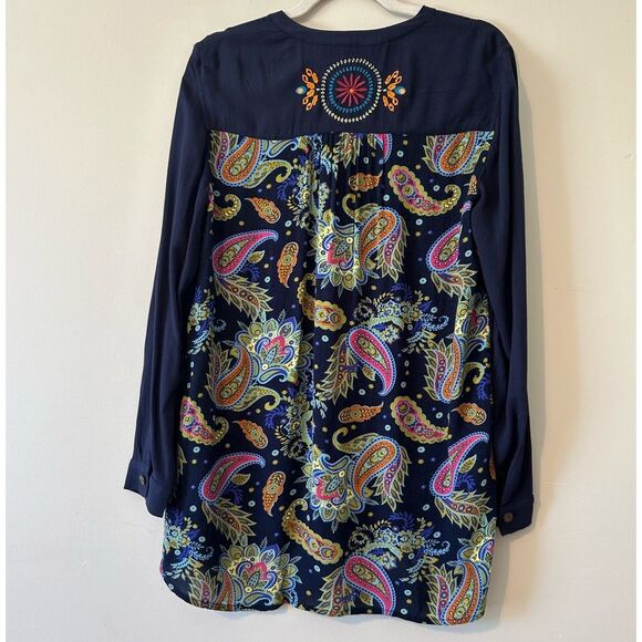Soft Surroundings Blue Floral Tunic Top Embroidered Button Down Mix Media Small - Picture 5 of 9